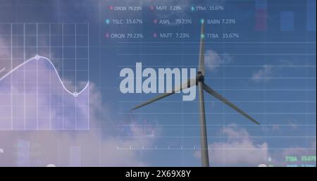 Image of financial data processing over wind turbine Stock Photo