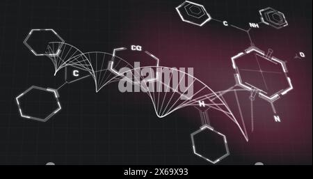 Image of chemical structures over dna strand spinning on black background Stock Photo