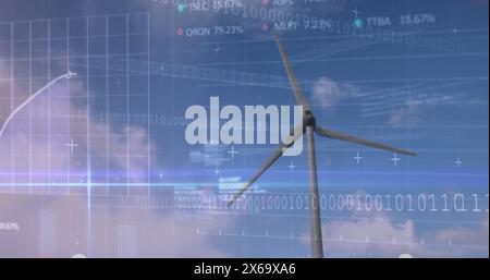 Image of financial data processing and binary coding over wind turbine Stock Photo