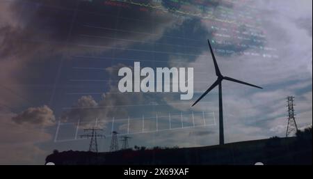 Image of financial data processing over wind turbine Stock Photo