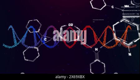 Image of dna strand spinning over chemical structures Stock Photo