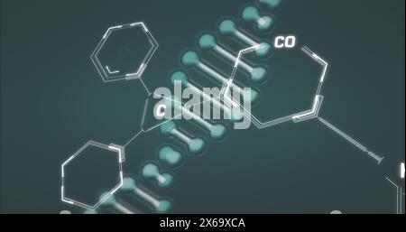 Image of dna strand spinning over chemical structures Stock Photo