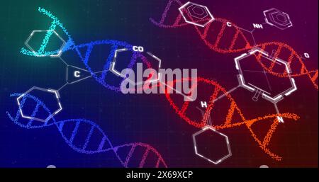 Image of chemical structures over dna strands spinning in background Stock Photo