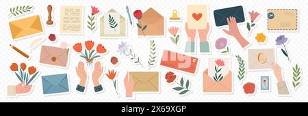 Envelopes, Postage Stamps, Postcards, Holding Hands, Floral Design Elements for Gifts, Greeting Cards. Different Paper Envelopes, Sealing Wax Stock Vector