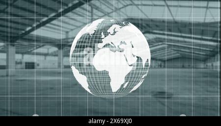 Image of red line graphs moving on globe with grids against building interior Stock Photo