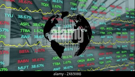 Image of financial data with graphs moving on rotating globe against building interior Stock Photo