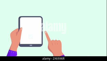 Image of travel icons over hands using tablet Stock Photo