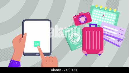 Image of travel icons over hands using tablet Stock Photo