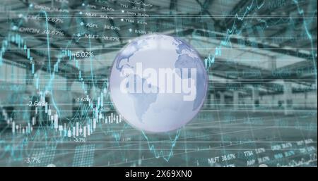 Image of data, graphs with grids moving on rotating globe against building interior Stock Photo
