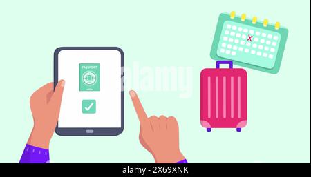 Image of travel icons over hands using tablet Stock Photo