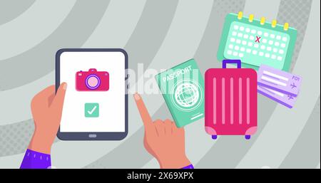 Image of travel icons over hands using tablet Stock Photo