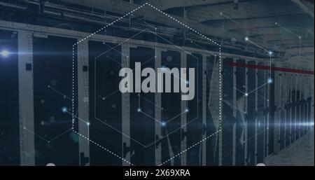 Image of network of connections and data processing over moving columns Stock Photo