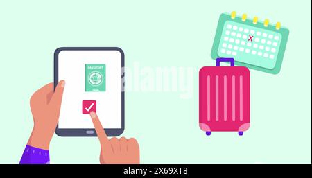 Image of travel icons over hands using tablet Stock Photo