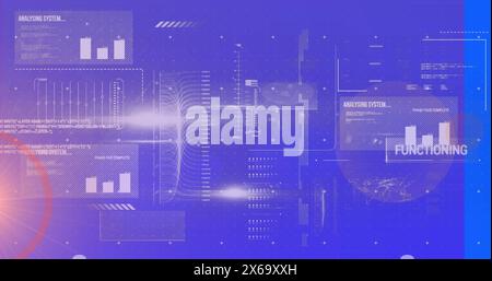 Image of data processing and light trails on blue background Stock Photo