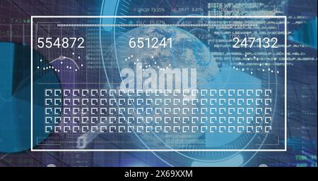 Image of statistical data processing over round scanner and spinning globe on blue background Stock Photo