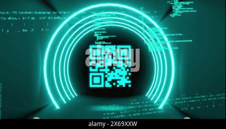 Image of qr code in circular tunnel and programming language against black background Stock Photo