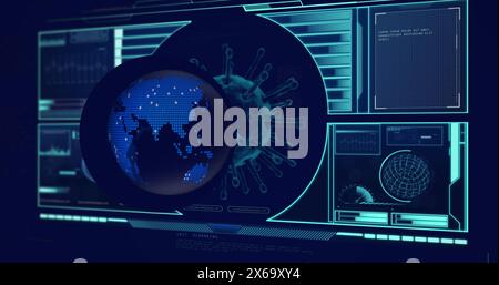 Image of globe over data processing with virus cell on black background Stock Photo