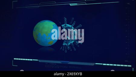 Image of globe over data processing with virus cell on black background Stock Photo