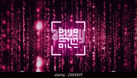 Image of qr code scanner over neon pink light trails against black background Stock Photo