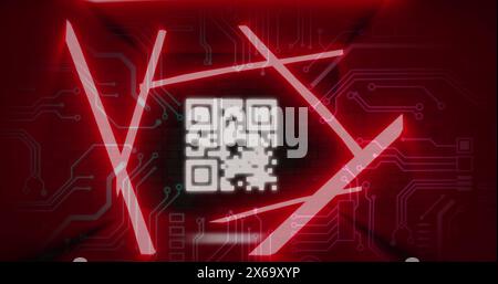 Image of blinking qr code in abstract pattern and circuit board pattern against black background Stock Photo