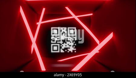 Image of flickering qr code scanner and neon red stripes against red background Stock Photo