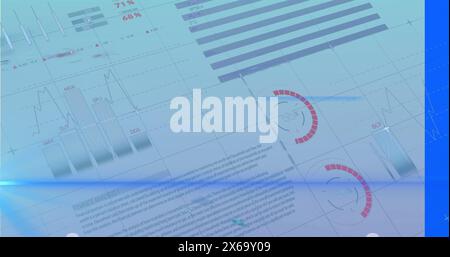 Image of data processing and light trails on blue background Stock Photo