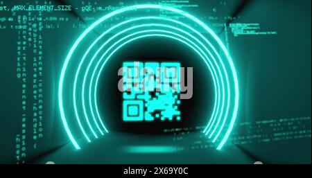 Image of qr code in illuminated circular tunnel over programming language Stock Photo