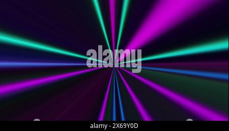 Bright lines in purple, blue, and green converging towards central point Stock Photo