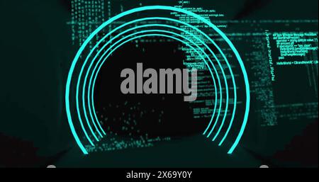 Image of qr code in illuminated circular tunnel over programming language Stock Photo
