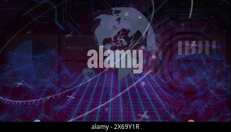 Image of scope scanning over data processing and globe on black background Stock Photo