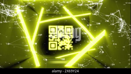 Image of blinking qr code over abstract pattern and programming language on black background Stock Photo