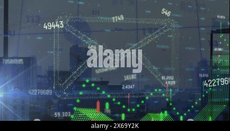 Image of envelope icon over data processing and cityscape Stock Photo