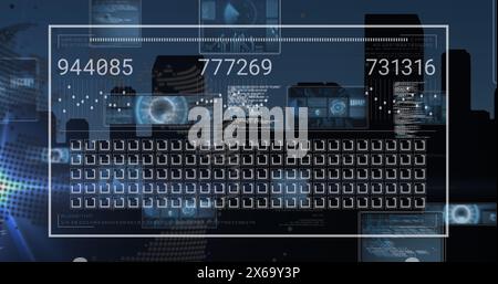 The image features image of data processing with a spinning globe in the background Stock Photo