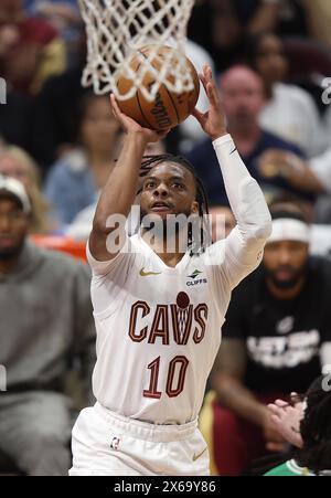 Cleveland, United States. 13th May, 2024. Cleveland Cavalier's Darius Garland (10) shoots a three against the Boston Celtics in the first half of the Eastern Conference semi finals game 4 at Rocket Mortgage Fieldhouse in Cleveland, Ohio Monday May, 13, 2024. Photo by Aaron Josefczyk/UPI Credit: UPI/Alamy Live News Stock Photo