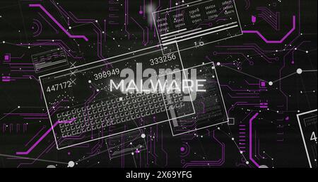 Image of malware text, binary codes, loading bars, changing numbers on connected dots Stock Photo