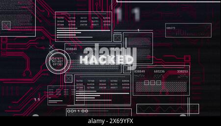 Image of binary codes over hacked text on loading bars, numbers in circles on black background Stock Photo