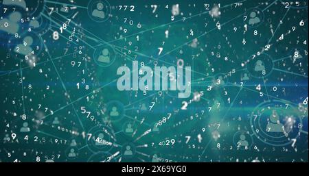Image of network of profile icons, binary coding and light spot against blue background Stock Photo