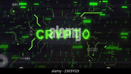 Image of binary codes, bars over crypto text in circuit board pattern against black background Stock Photo