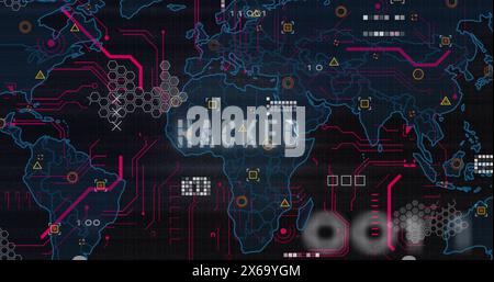 Image of hacked text in circuit board pattern over map and binary codes on black background Stock Photo