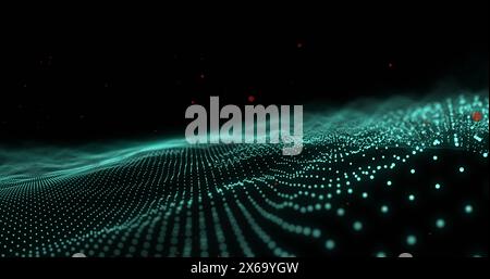 Image of red spots floating over glowing green digital wave against black background Stock Photo