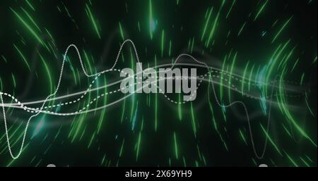 Image of data processing over neon green light trails spinning against black background Stock Photo