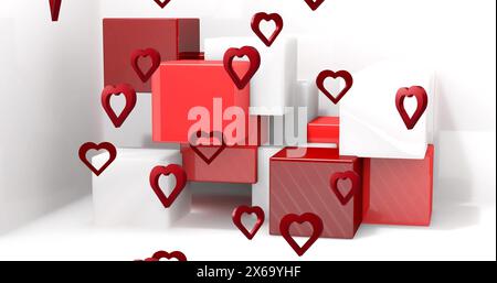 Image of red hearts over cubes on white background Stock Photo