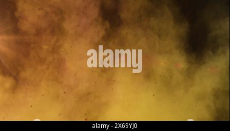 Image of red spots floating over burst of color clouds against grey background Stock Photo