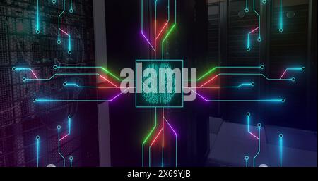 Image of illuminated circuit board pattern around brain in square over server room Stock Photo