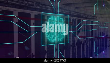 Image of illuminated circuit board pattern around brain in square over server room Stock Photo