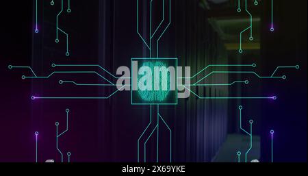 Image of illuminated circuit board pattern around brain in square over server room Stock Photo