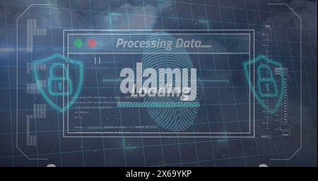 Image of interface with data processing over biometric fingerprint scanner and padlock icon Stock Photo