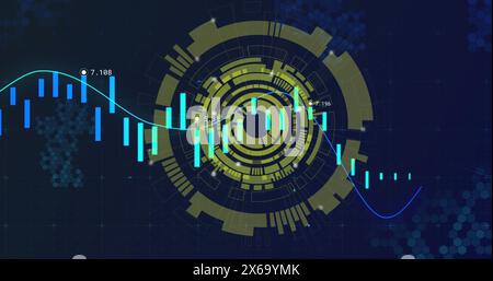 Image of data processing over yellow round scanner spinning against blue background Stock Photo