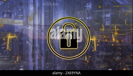 Padlock icon, glowing network and data processing over computer servers Stock Photo