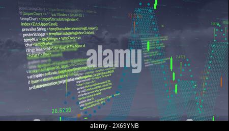 Image of financial data processing against dark clouds in the sky Stock Photo